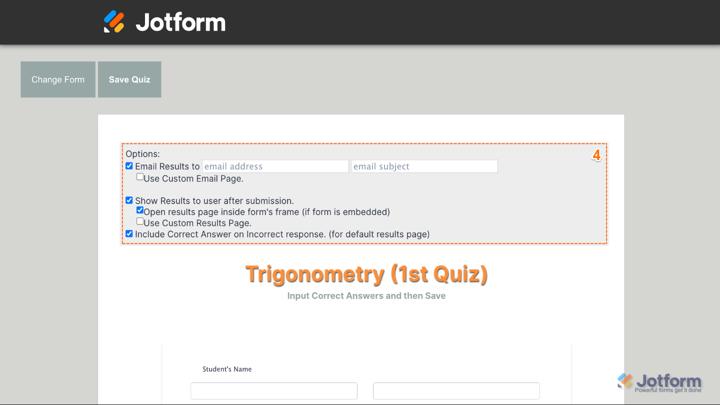 Quiz Form settings interface with options to email results, show correct answers, and customize pages