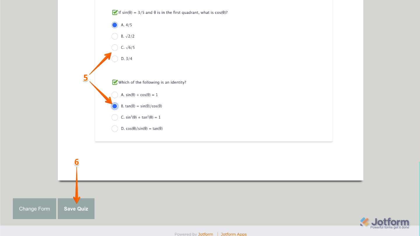 Quiz configuration screen with selected answers and save quiz button in Jotform