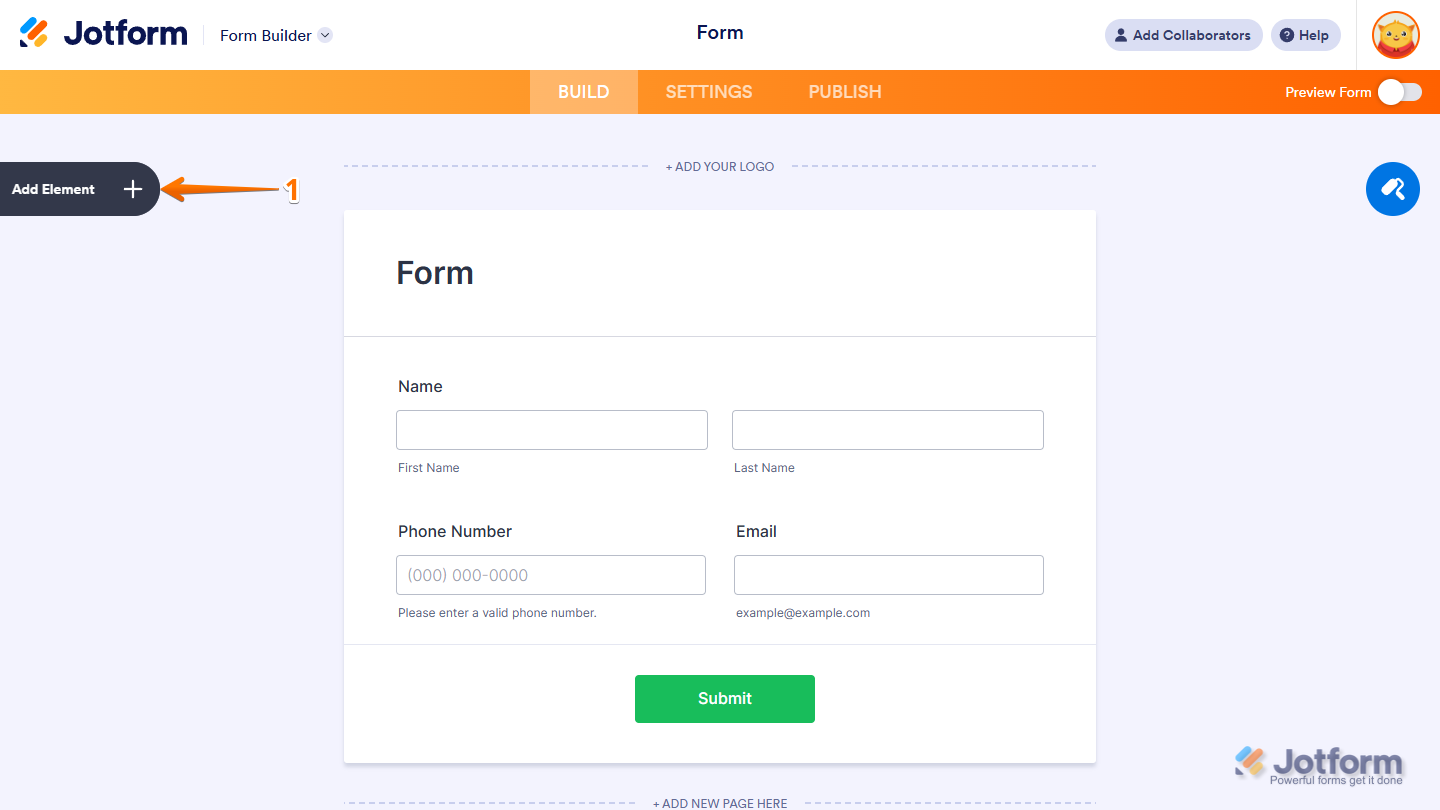 Form Builder Add Element menu in Jotform