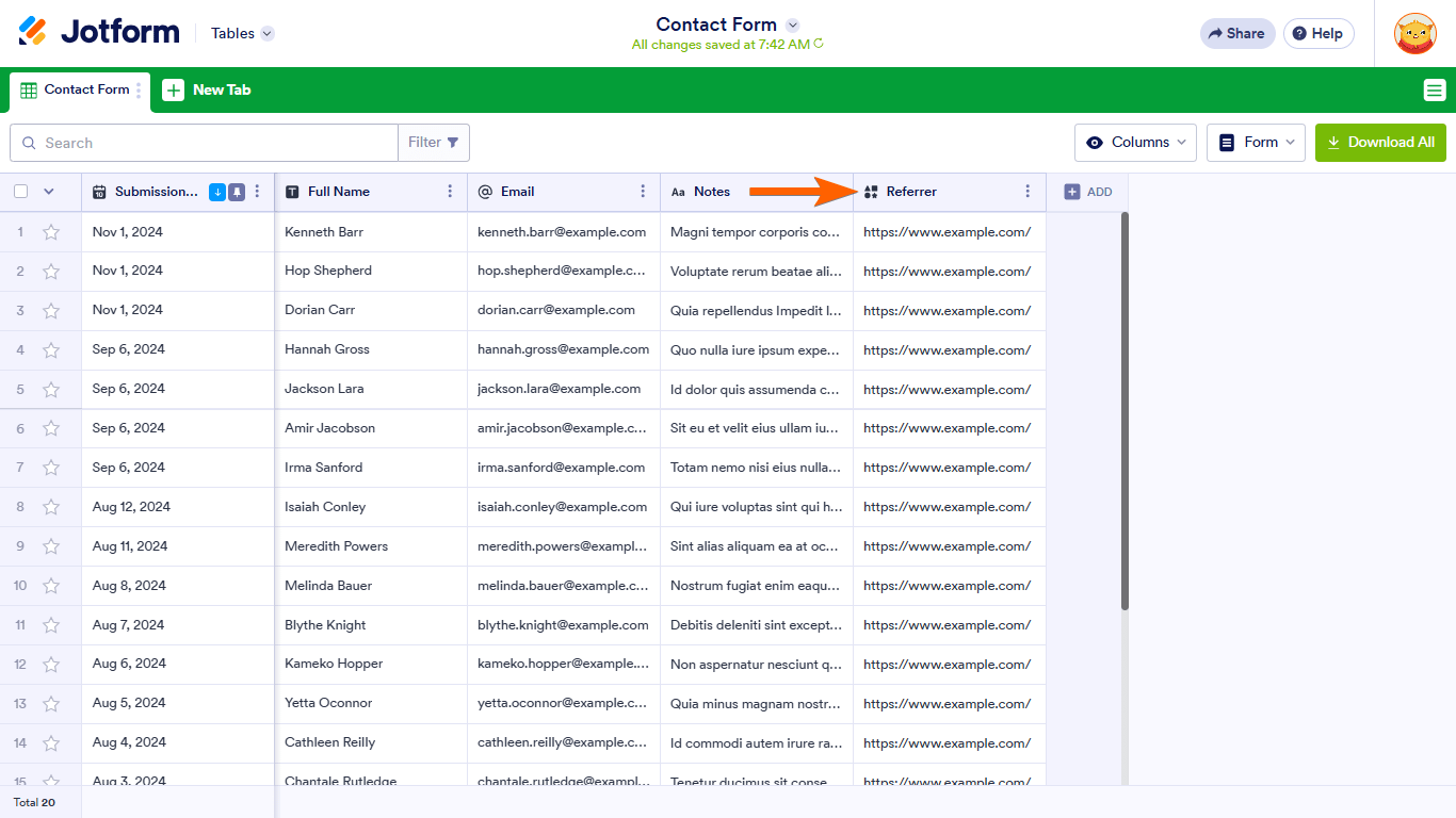 Una columna de Referentes en Jotform Tables