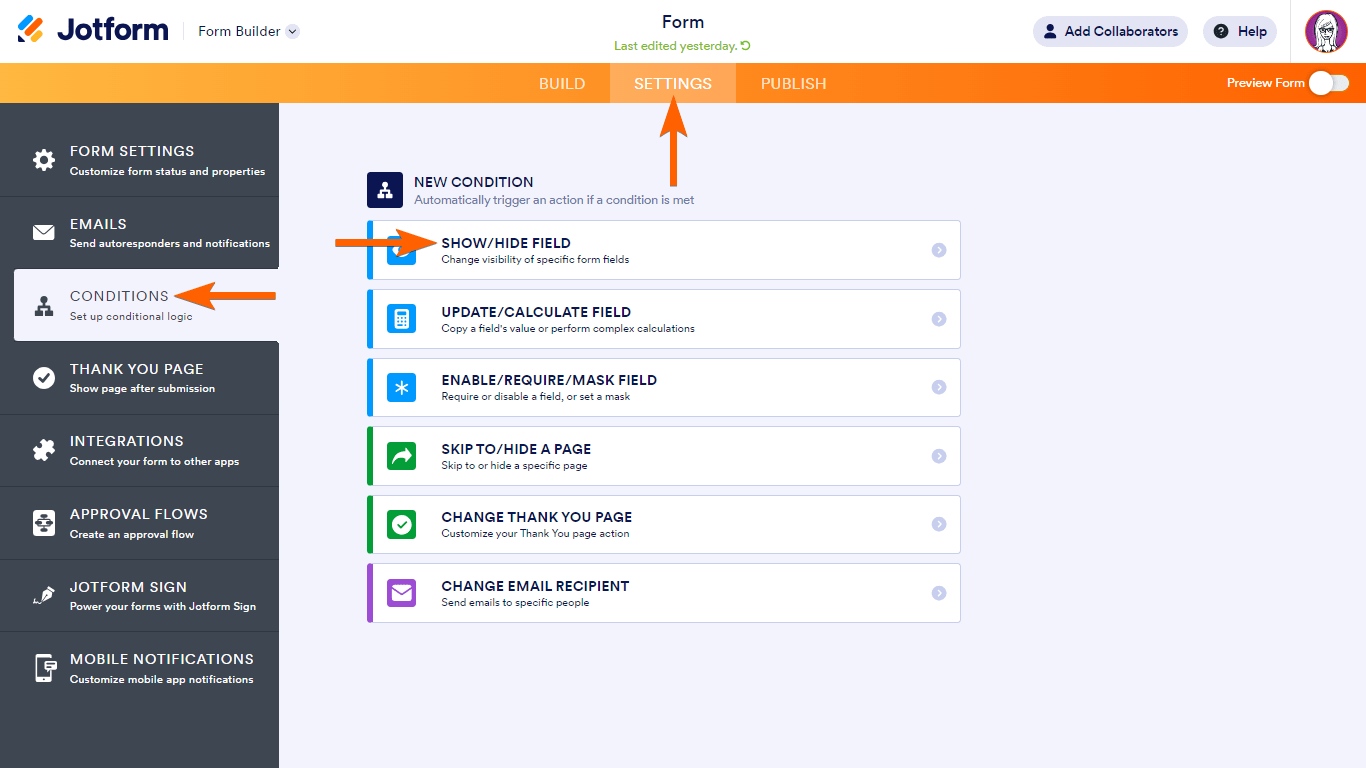 Steps to add a Show/Hide Field condition in Jotform Form Builder