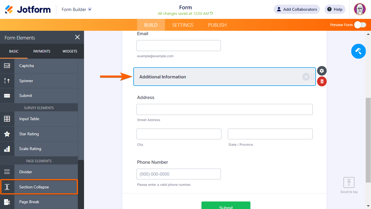 A Section Collapse element in Jotform Form Builder