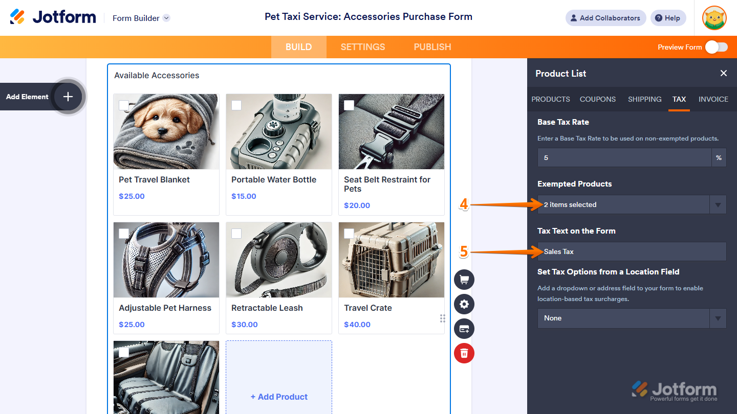 Exempted Products and Tax Text on the Form settings in the Tax tab under the Product List window of a Product List field in Jotform Form Builder