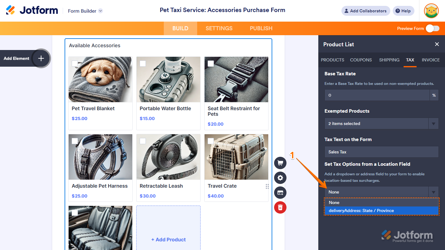 Set Tax Options from a Location Field setting in the Tax tab under the Product List window of a Product List field in Jotform Form Builder