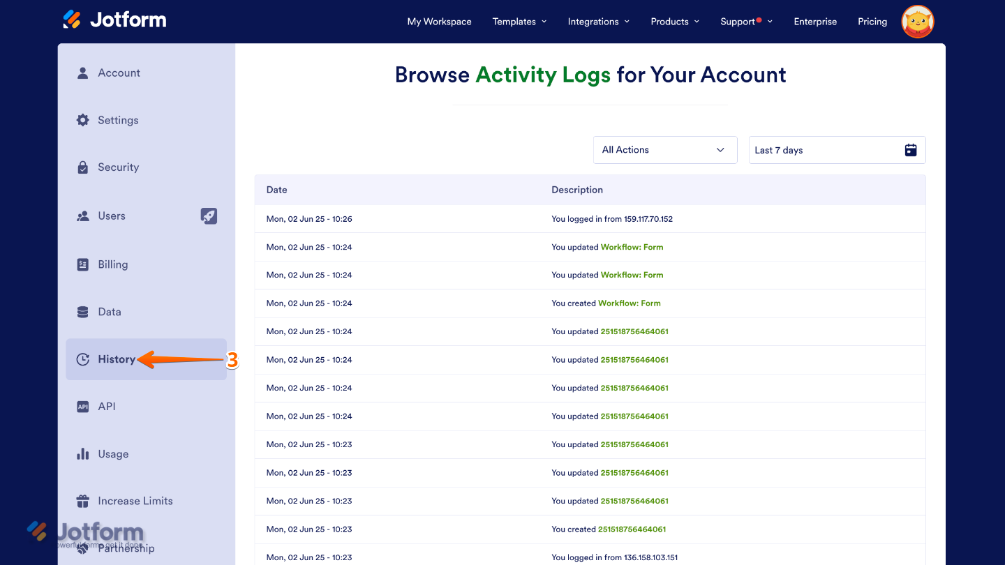 Account Settings page showing the left-side panel with the History tab selected