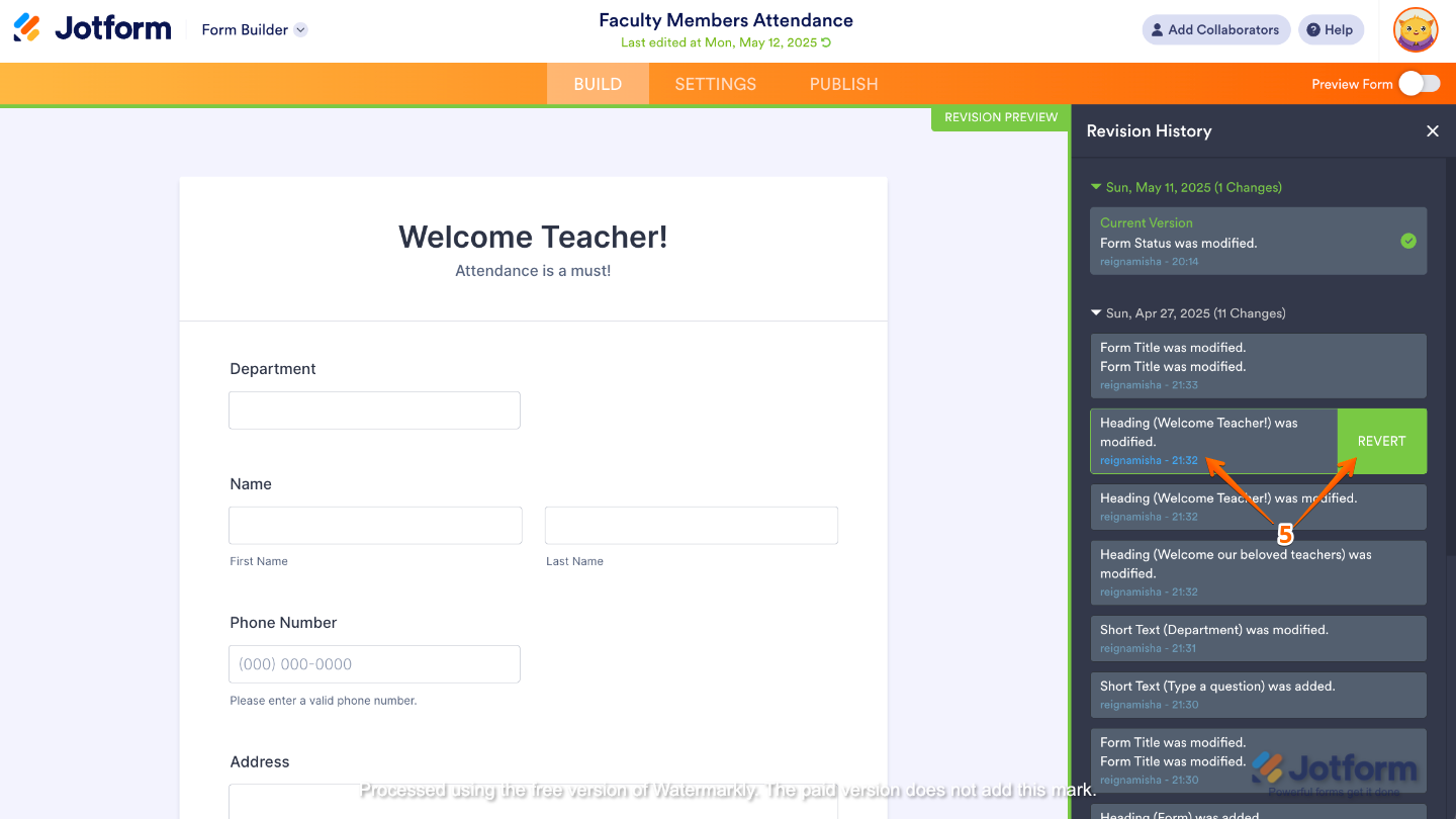 Restaurar una versión anterior de tu formulario en Jotform seleccionando una revisión y presionando el botón Revertir