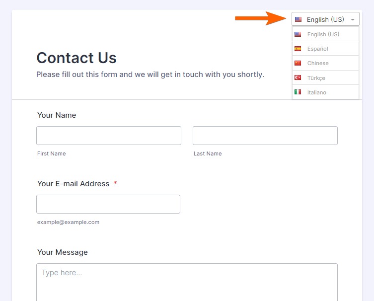 The language dropdown option on a form