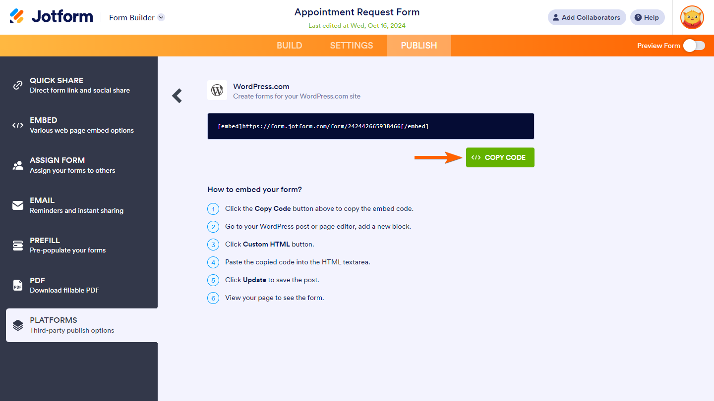 Botón Copiar Código de WordPress en la pestaña Plataformas de Form Builder en Jotform
