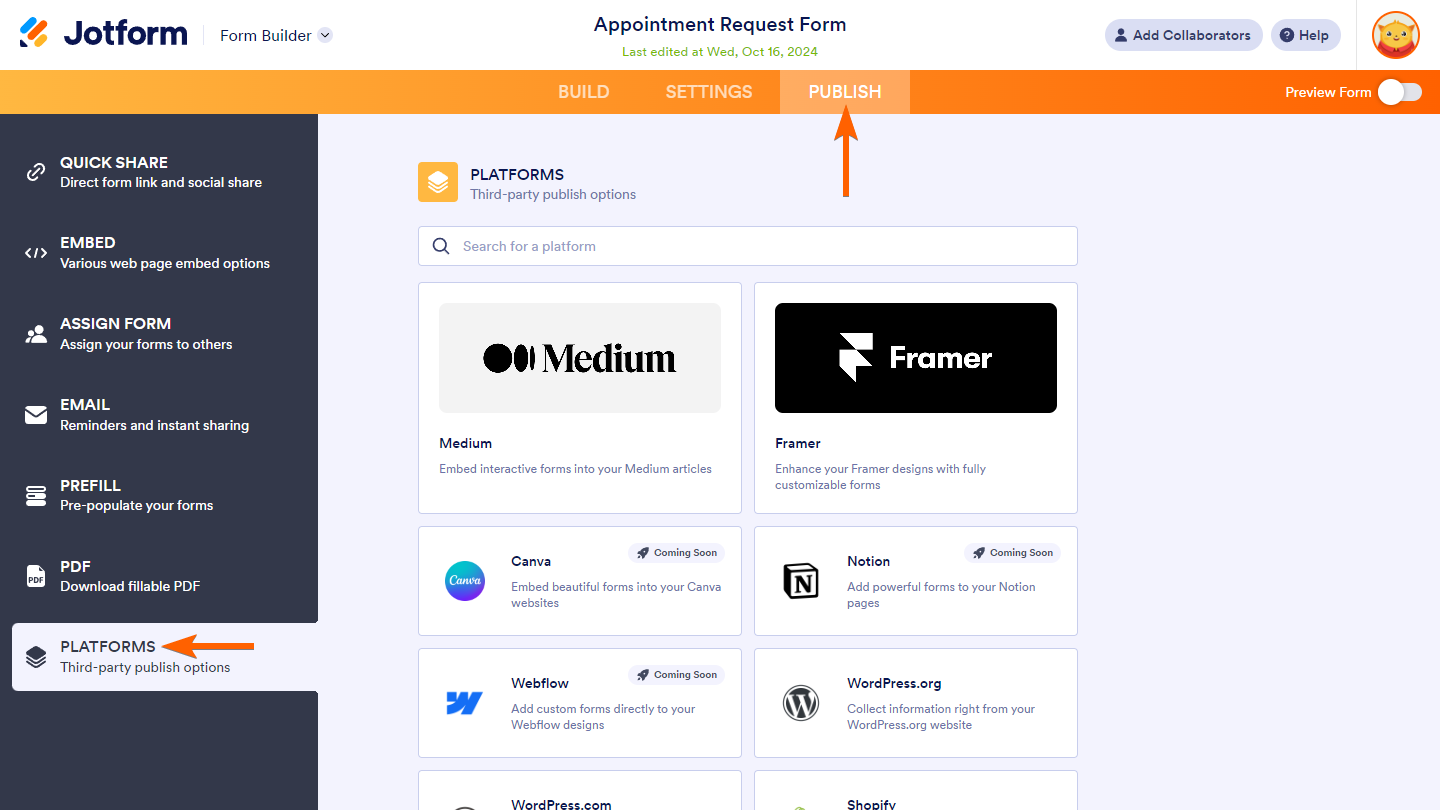 Pestaña de plataformas de la pestaña Publicar de Form Builder en Jotform
