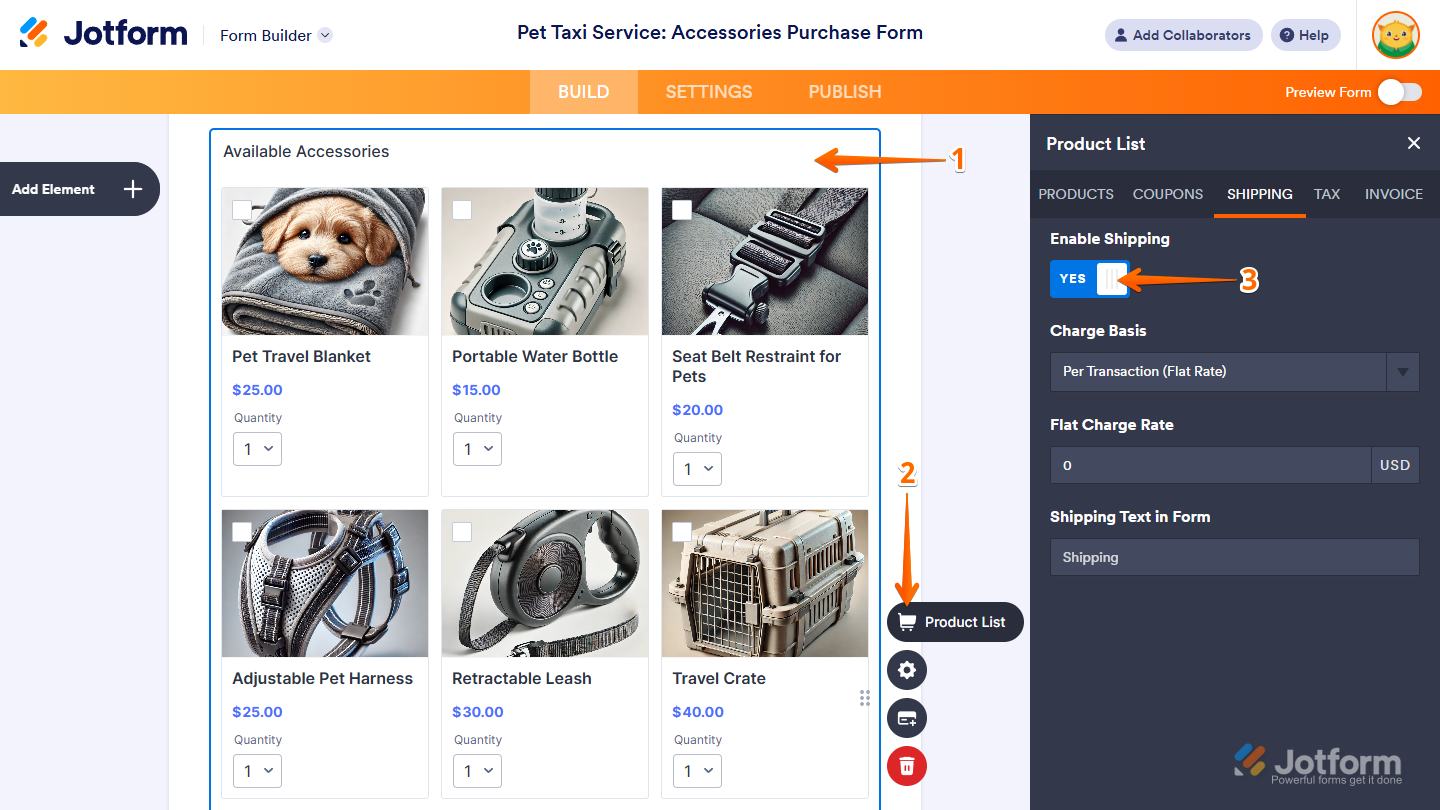 Enable Shipping toggle switch in the Shipping tab of the Product List window in Jotform Form Builder
