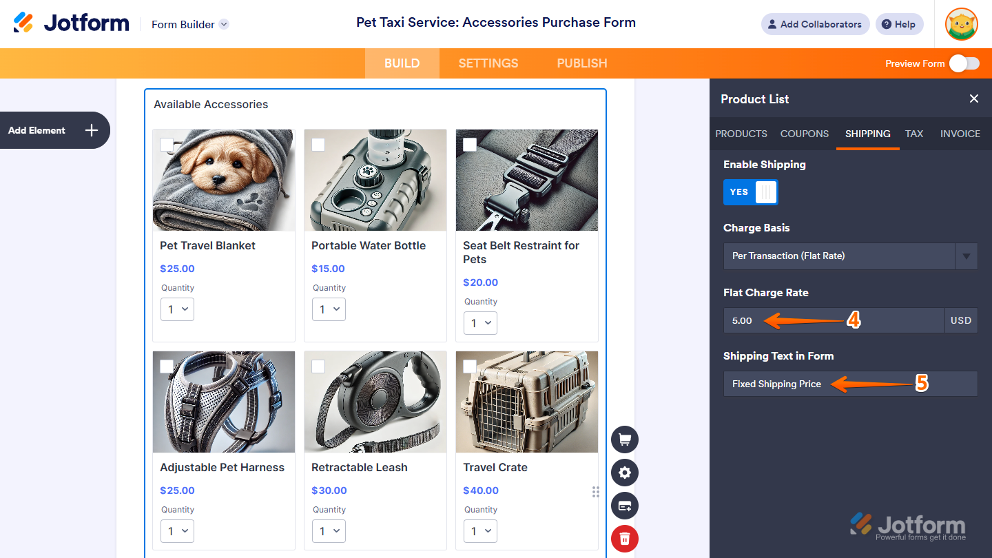Flat Charge Rate in the Shipping tab of the Product List window in Jotform Form Builder