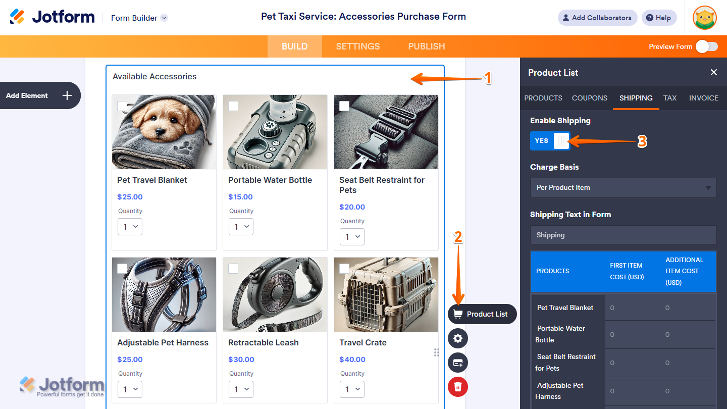Enable Shipping toggle switch in the Shipping tab of the Product List window in Jotform Form Builder