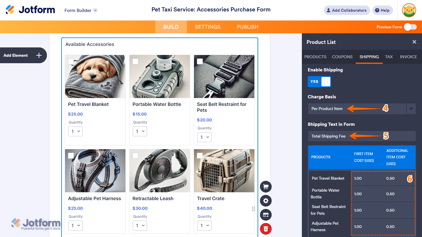 Per Product Item option of Charge Basis setting in the Shipping tab of the Product List window in Jotform Form Builder
