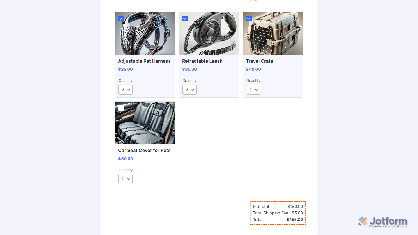 Total Shipping Fee in the Total section of a sample Jotform form