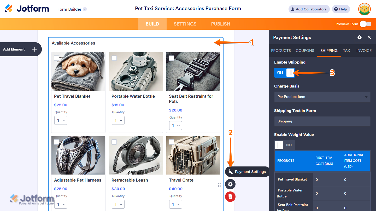 Enable Shipping toggle switch in the Shipping tab of the Product List window in Jotform Form Builder