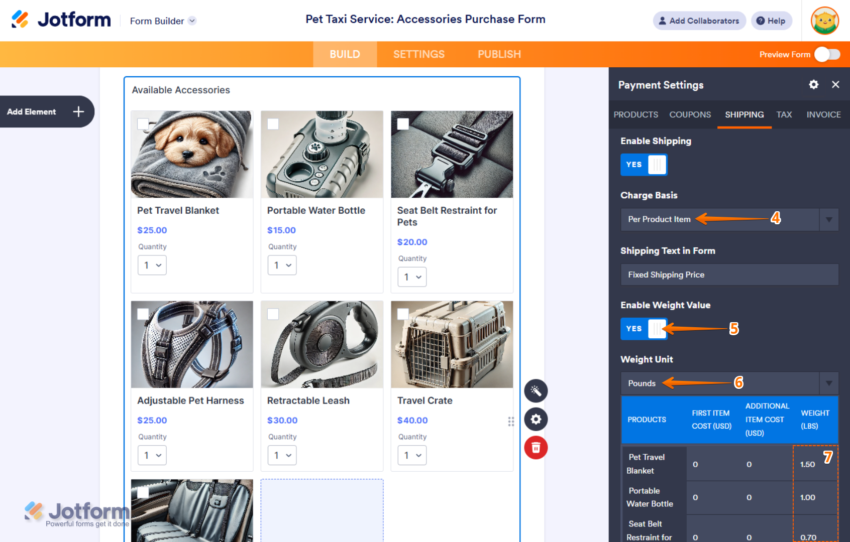 Enable Weight Value in the Shipping tab of the Product List window in Jotform Form Builder