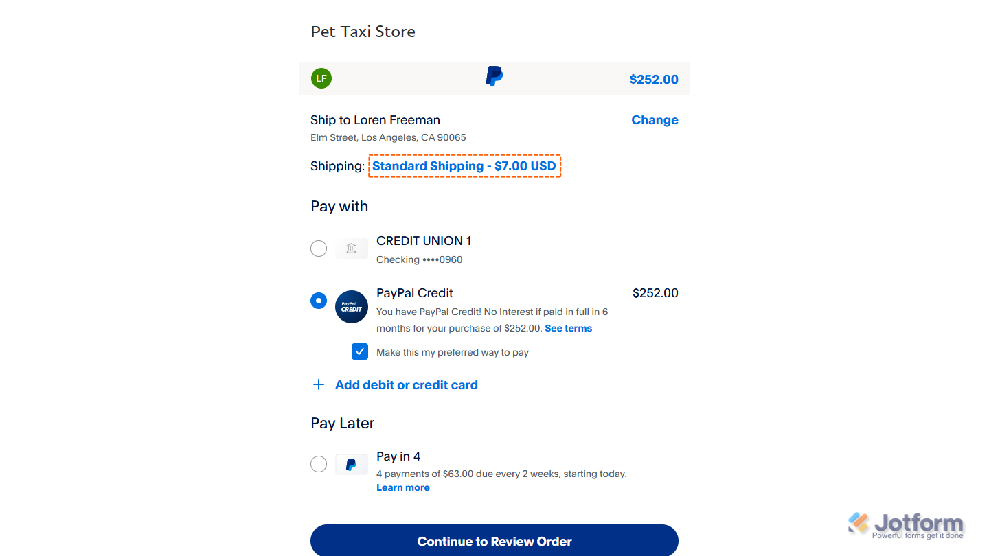 Calculated weight-based shipping on the PayPal Checkout page
