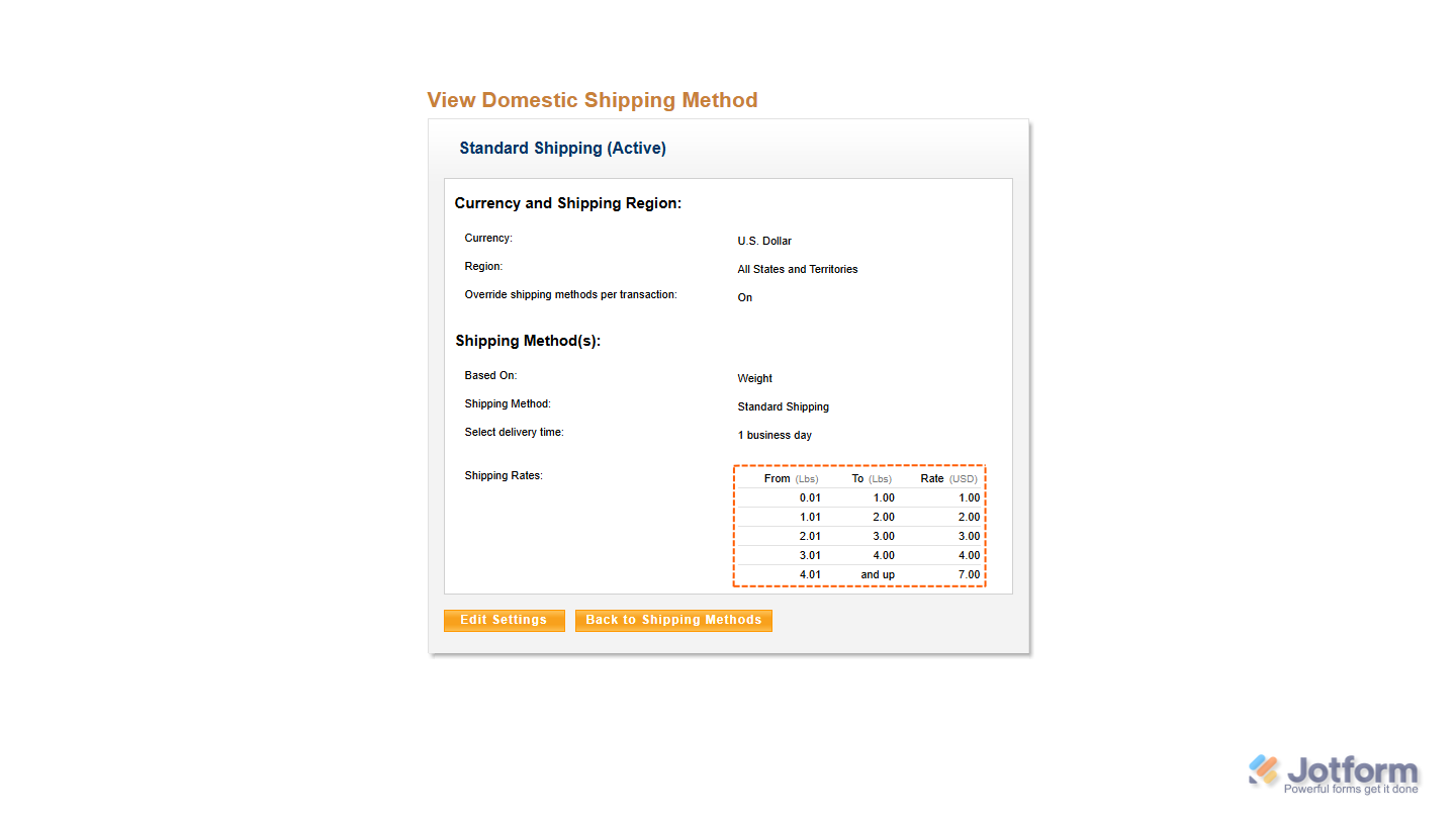 Setting up weight-based shipping in the View Domestic Shipping Method section in PayPal 