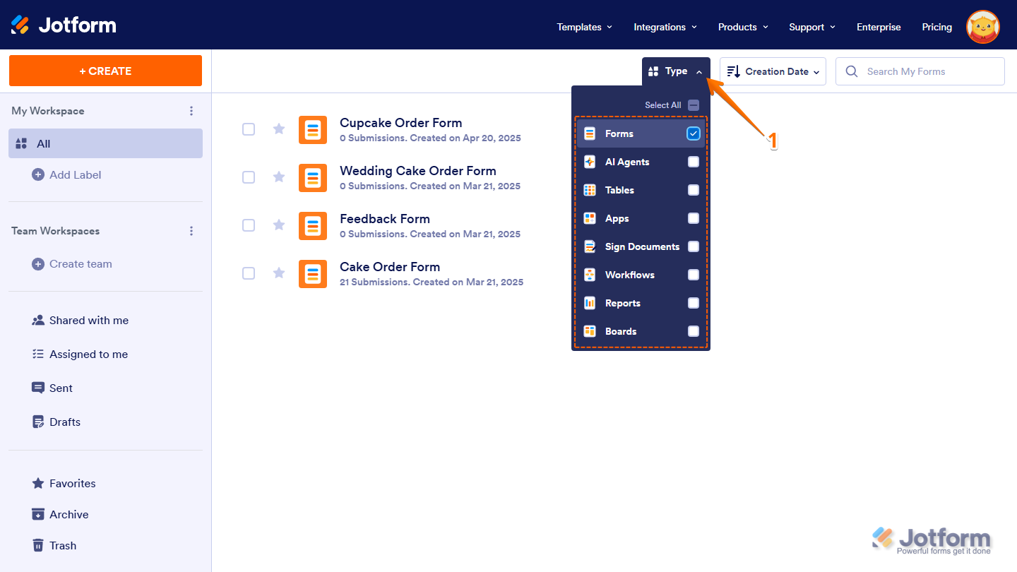 Forms option checked in the Type dropdown menu on the Jotform My Workspace page