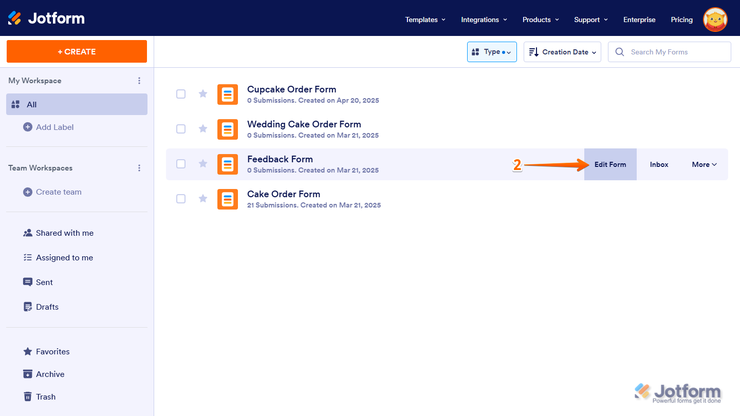 Edit Form button of a form on the Jotform My Workspace page