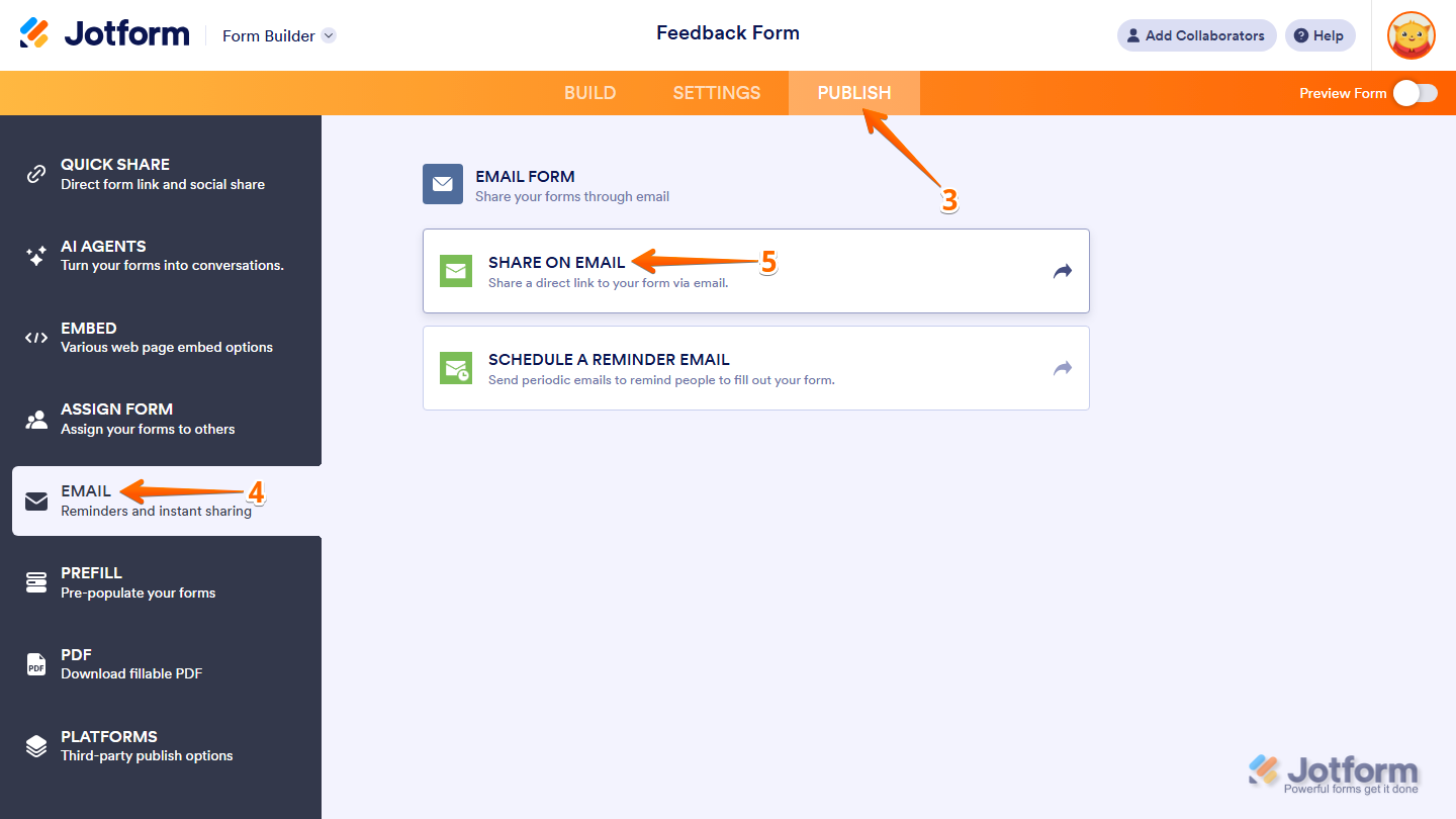 Share on Email option in the Email Form section of the Publish tab in Jotform Form Builder