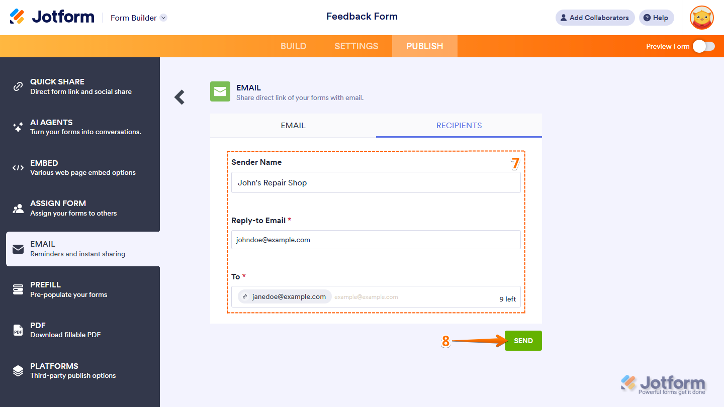 Recipient settings under the Recipients tab in the Email menu of the Publish tab in Jotform Form Builder