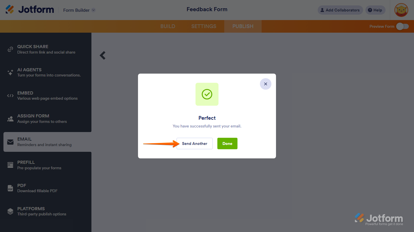 Send Another button in the Confirmation window of the Email menu in the Publish tab of Jotform Form Builder
