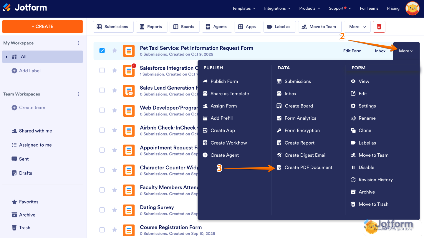 Create PDF Document option under the Data column of the Form More dropdown menu on the Jotform My Workspace page