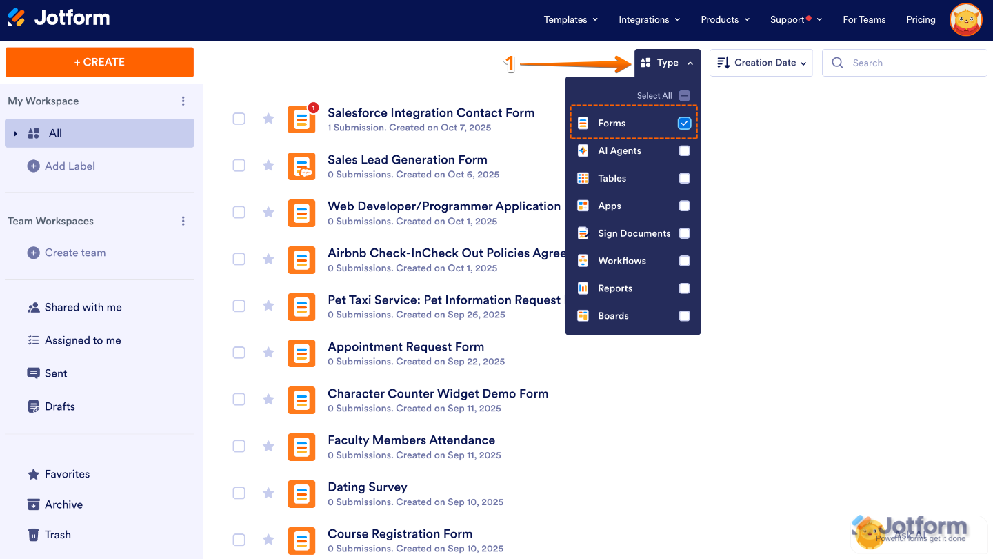 Forms option checked in the Type dropdown menu on the Jotform My Workspace page
