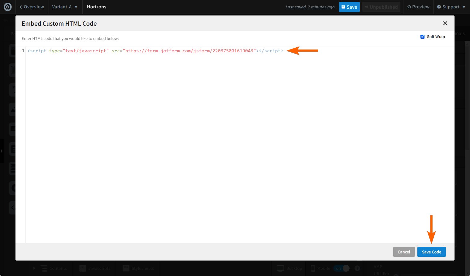 An embed code in Unbounce 