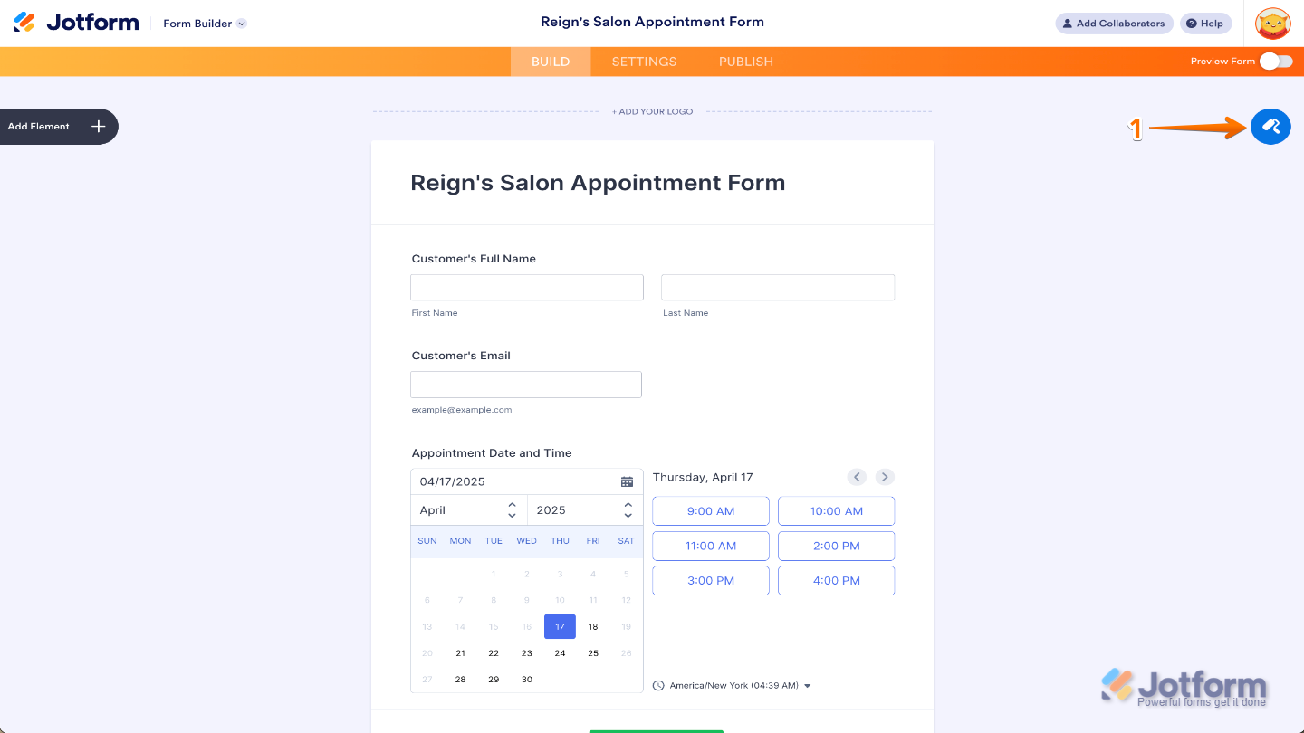 Jotform Form Builder interface with the Paint Roller icon highlighted to access the Form Designer panel