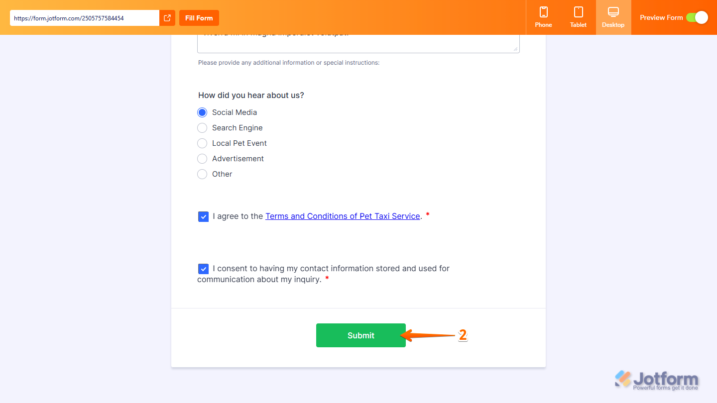 Form Submit button in Preview Form page of the Jotform Form Builder