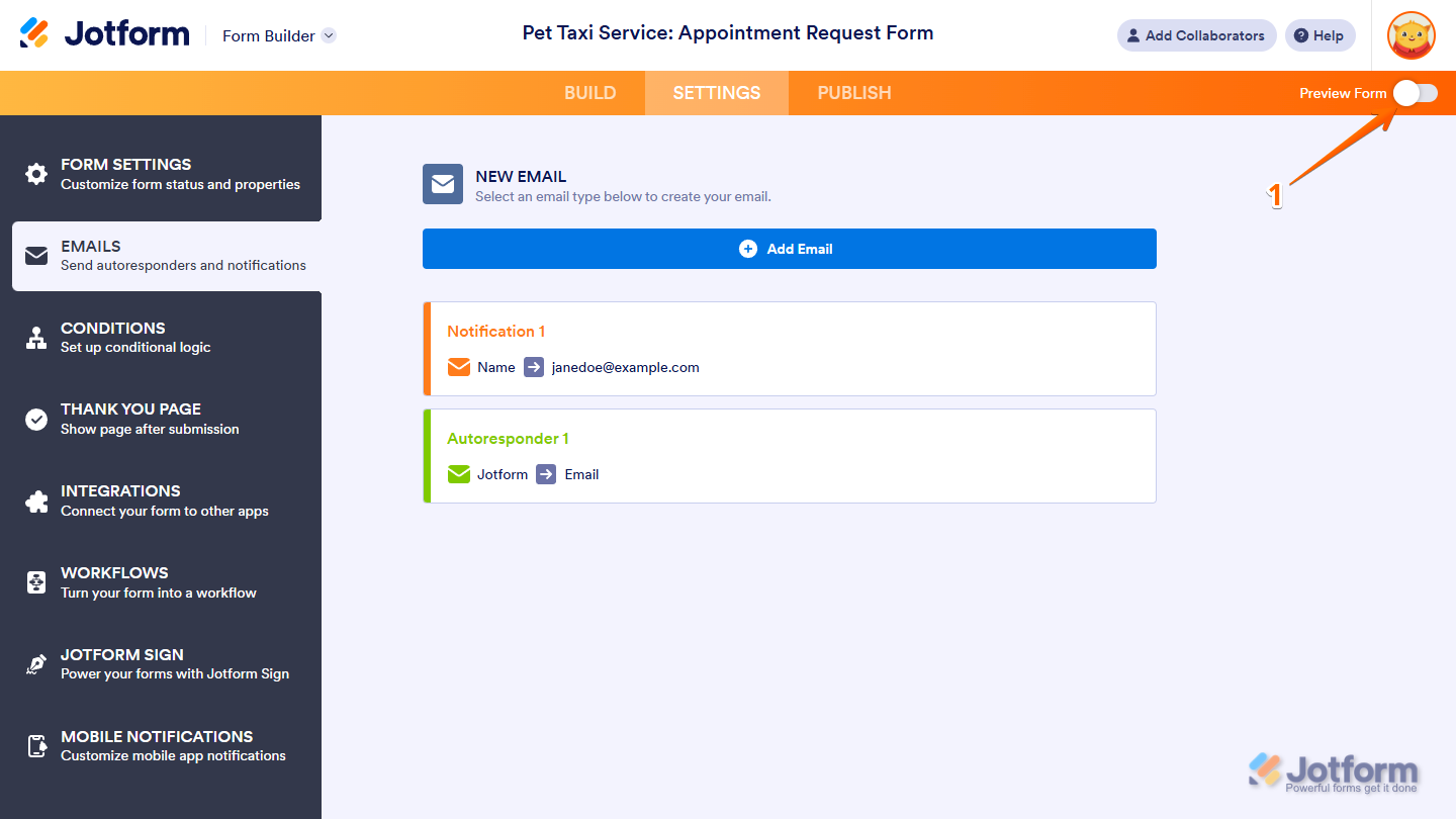 Preview Form toggle button of the Jotform Form Builder