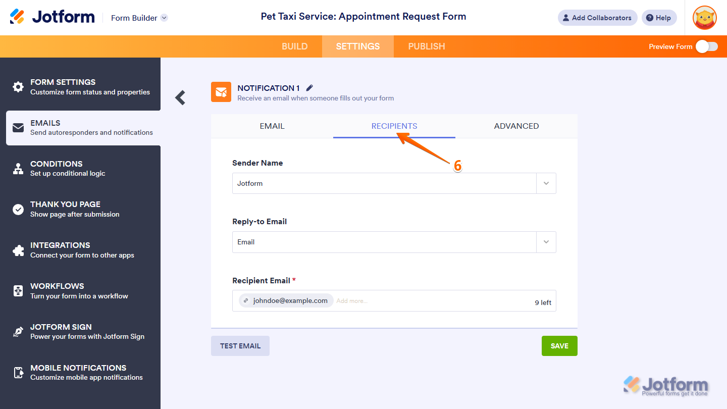 Recipients tab of the Notification Email settings in the Emails menu of the Jotform Form Builder Settings tab