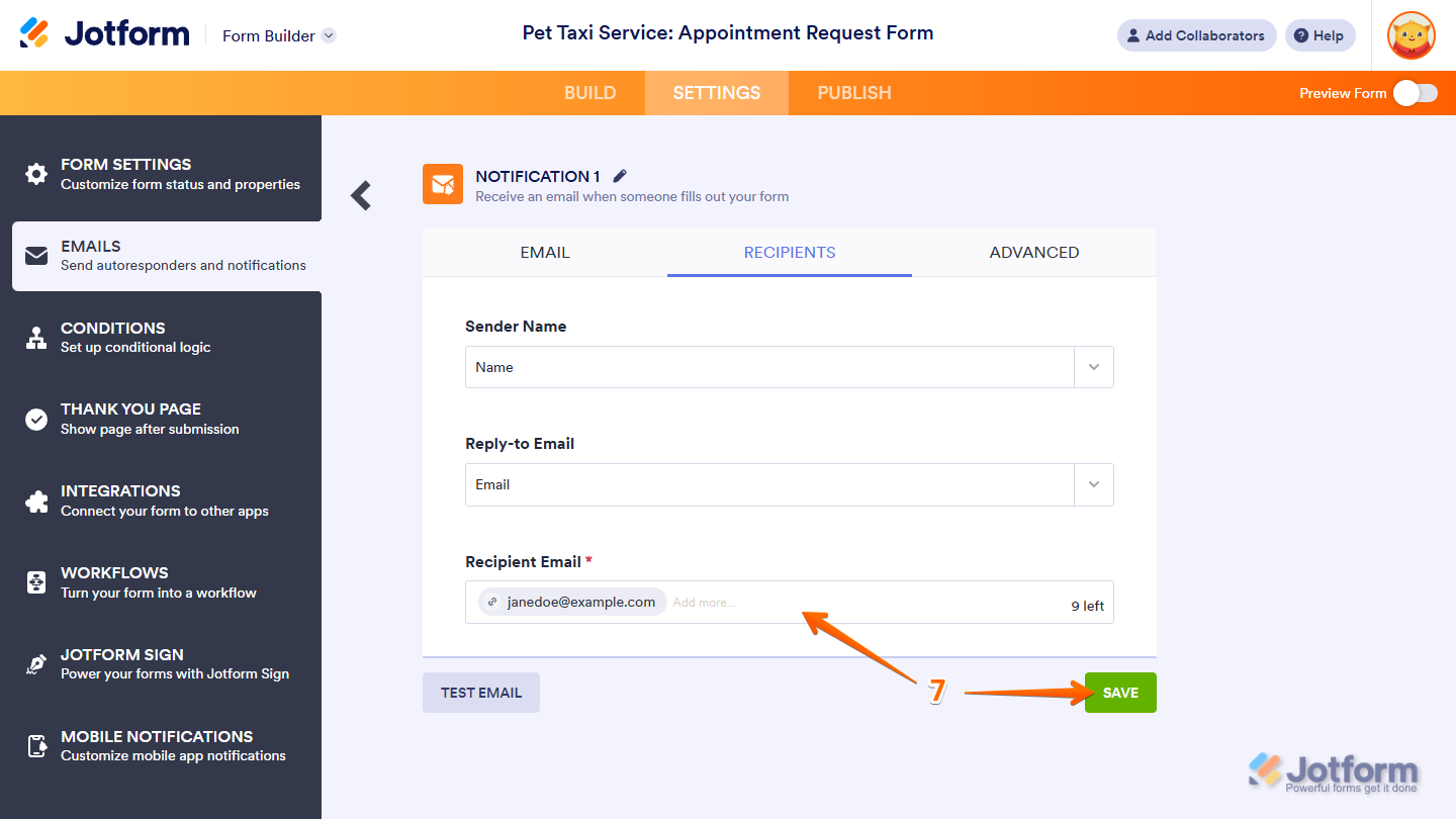 Save button of the Notification Email settings in the Emails menu of the Jotform Form Builder Settings tab