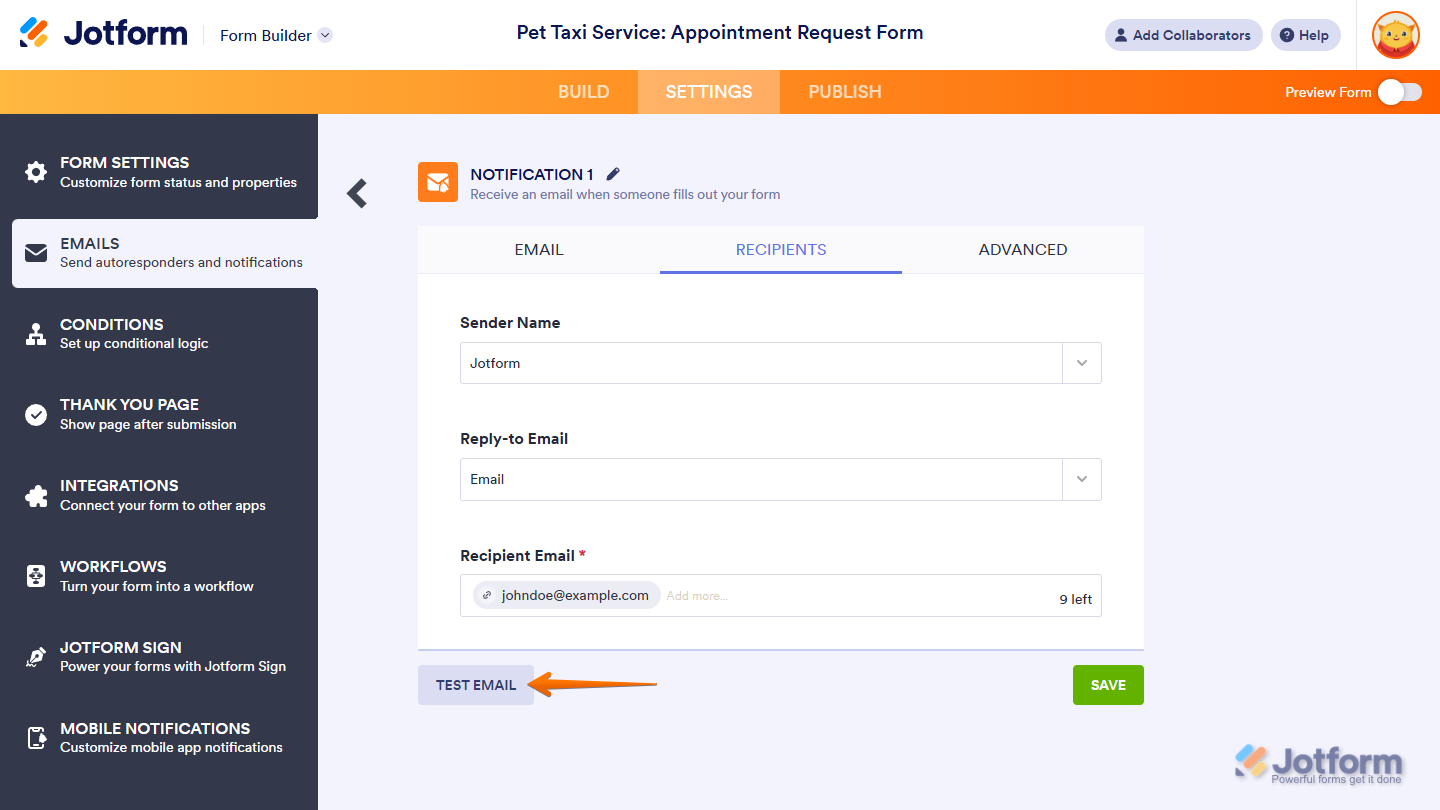 Test Email button of the Notification Email settings in the Emails menu of the Jotform Form Builder Settings tab