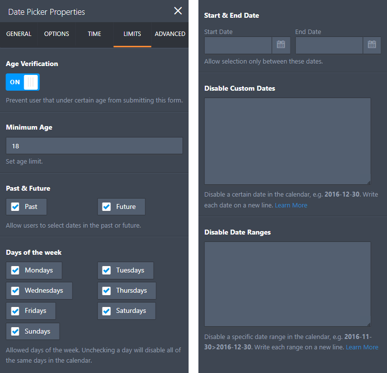 Form Builder Date Picker Properties