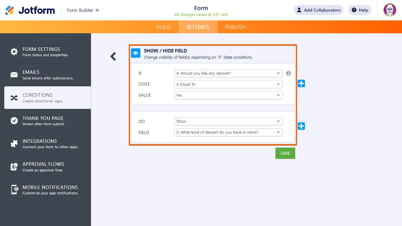 A Show/Hide Field rule in Form Builder