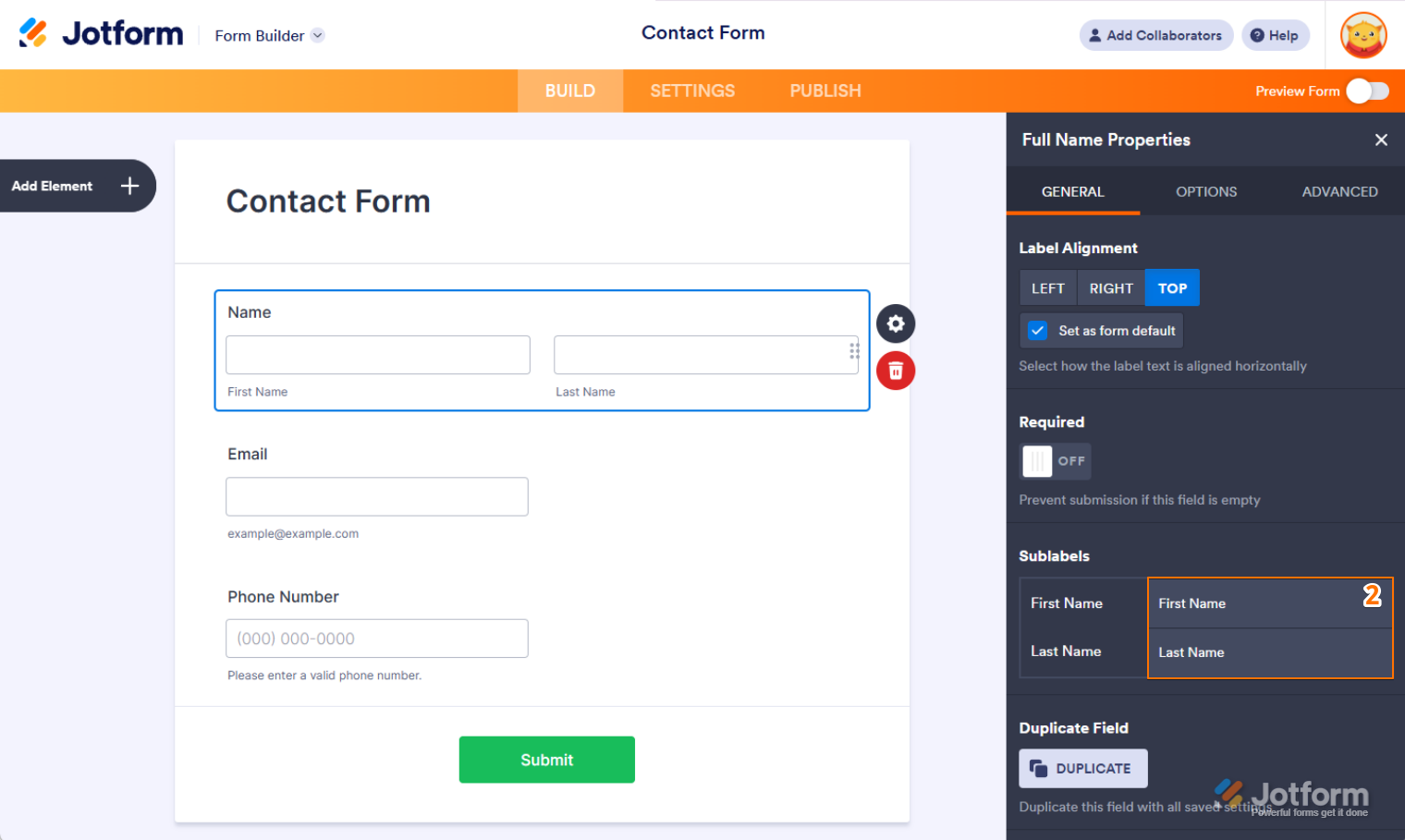 Setting up the Sub Lables field under the General tab in Form Builder Jotform