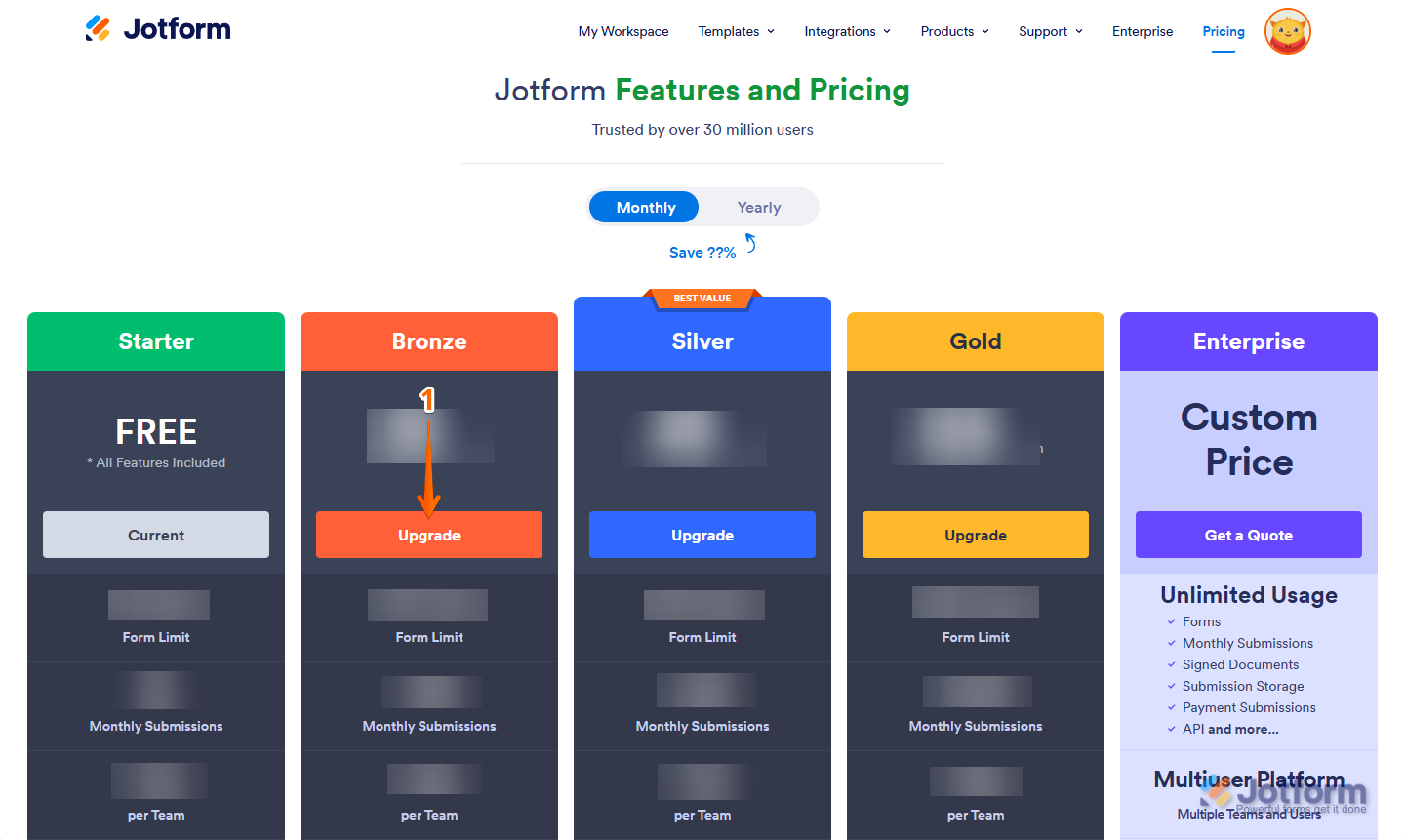 Jotform Pricing Page to click the Upgrade Button when choosing a Plan in Jotform