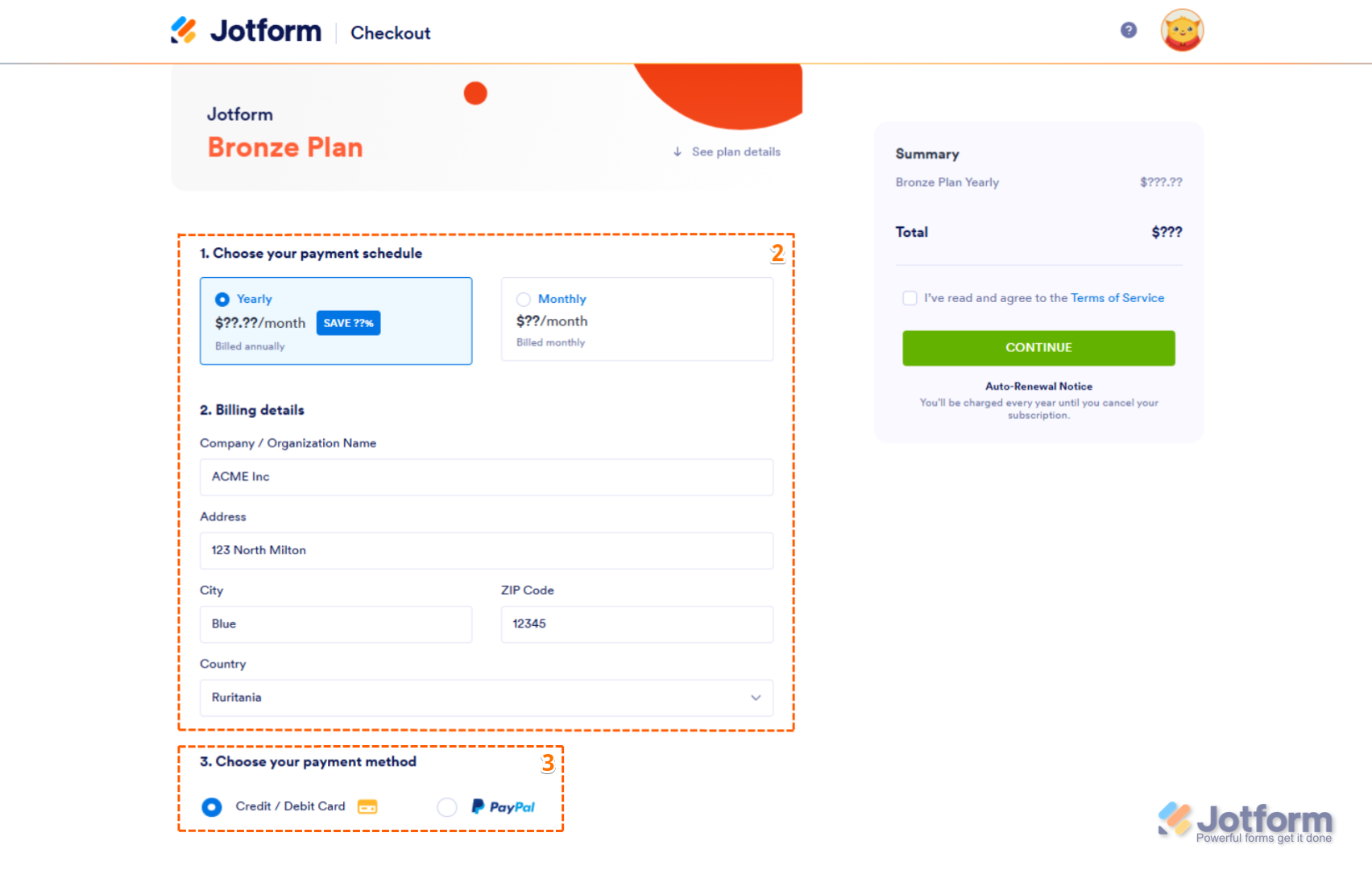 Choose your Payment Schedule, Enter your Billing Details and Choose your Payment Method in Checkout Page in Jotform