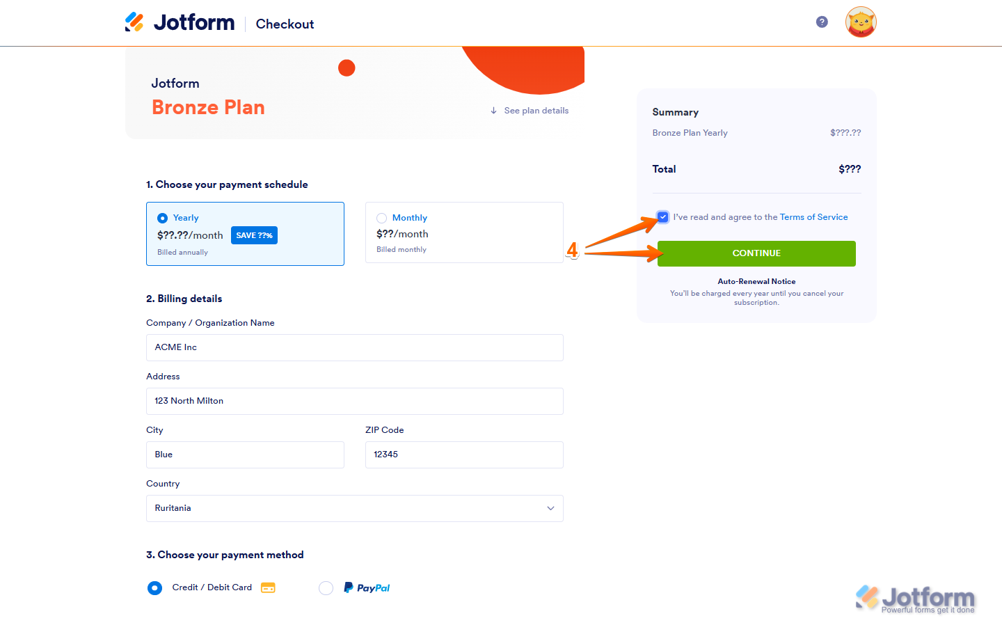 Read and Agree to the Terms of Service and click on Continue in Check Out Page of Jotform