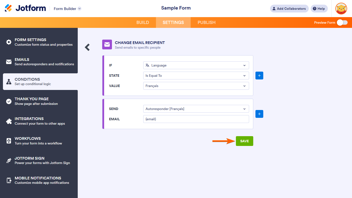 Save button in the Change Email Recipient condition settings of Jotform Form Builder