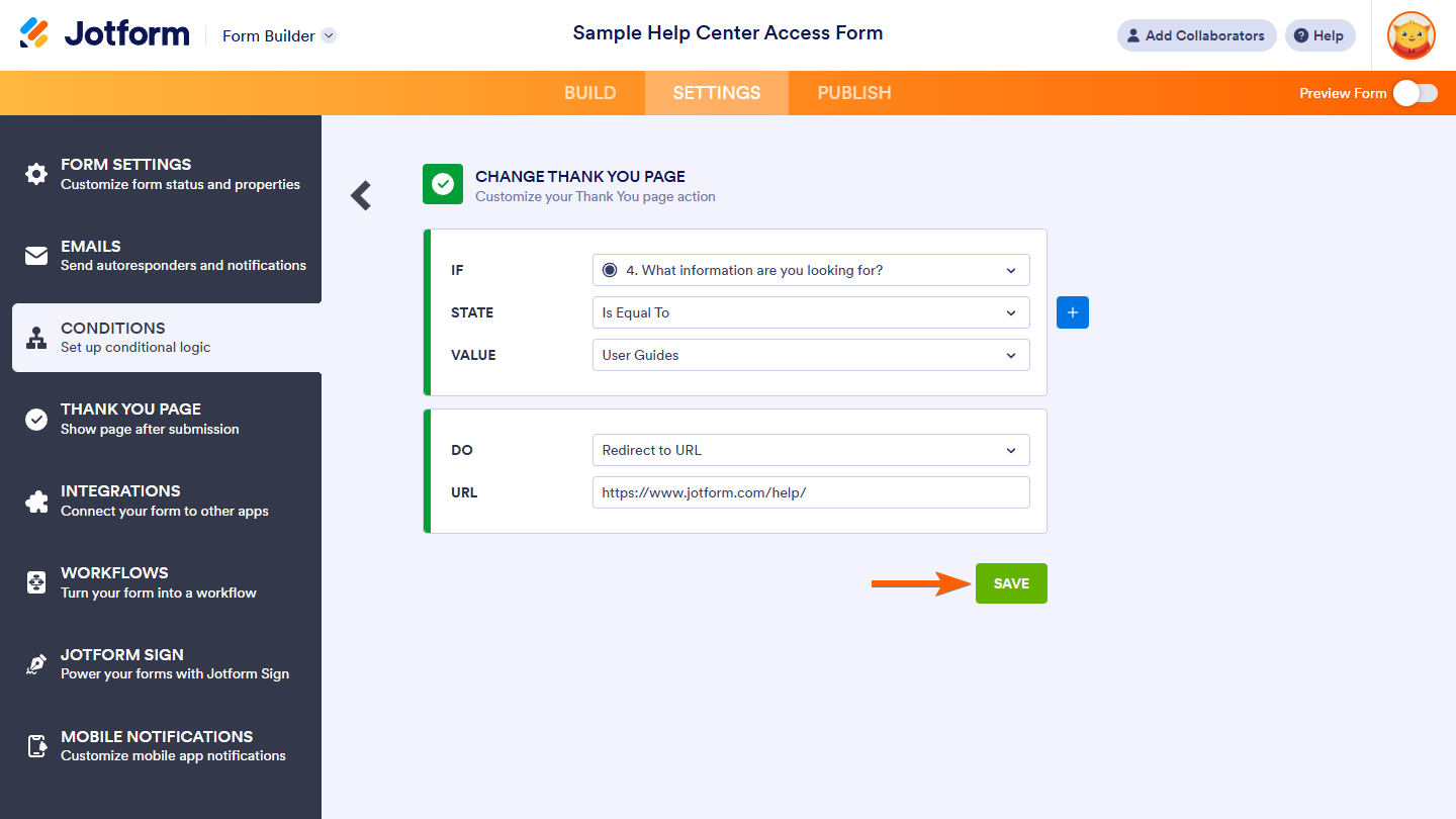 Save button in the Change Thank You Page URL condition settings of Jotform Form Builder
