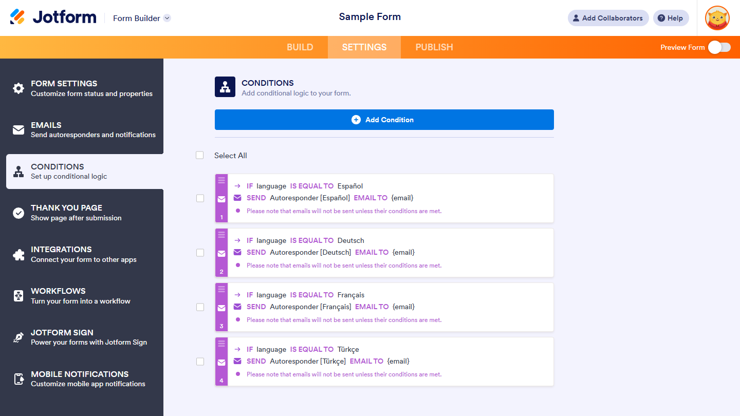Multiple Change Email Recipient condition created in the Conditions tab of the Joform Form Builder Settings