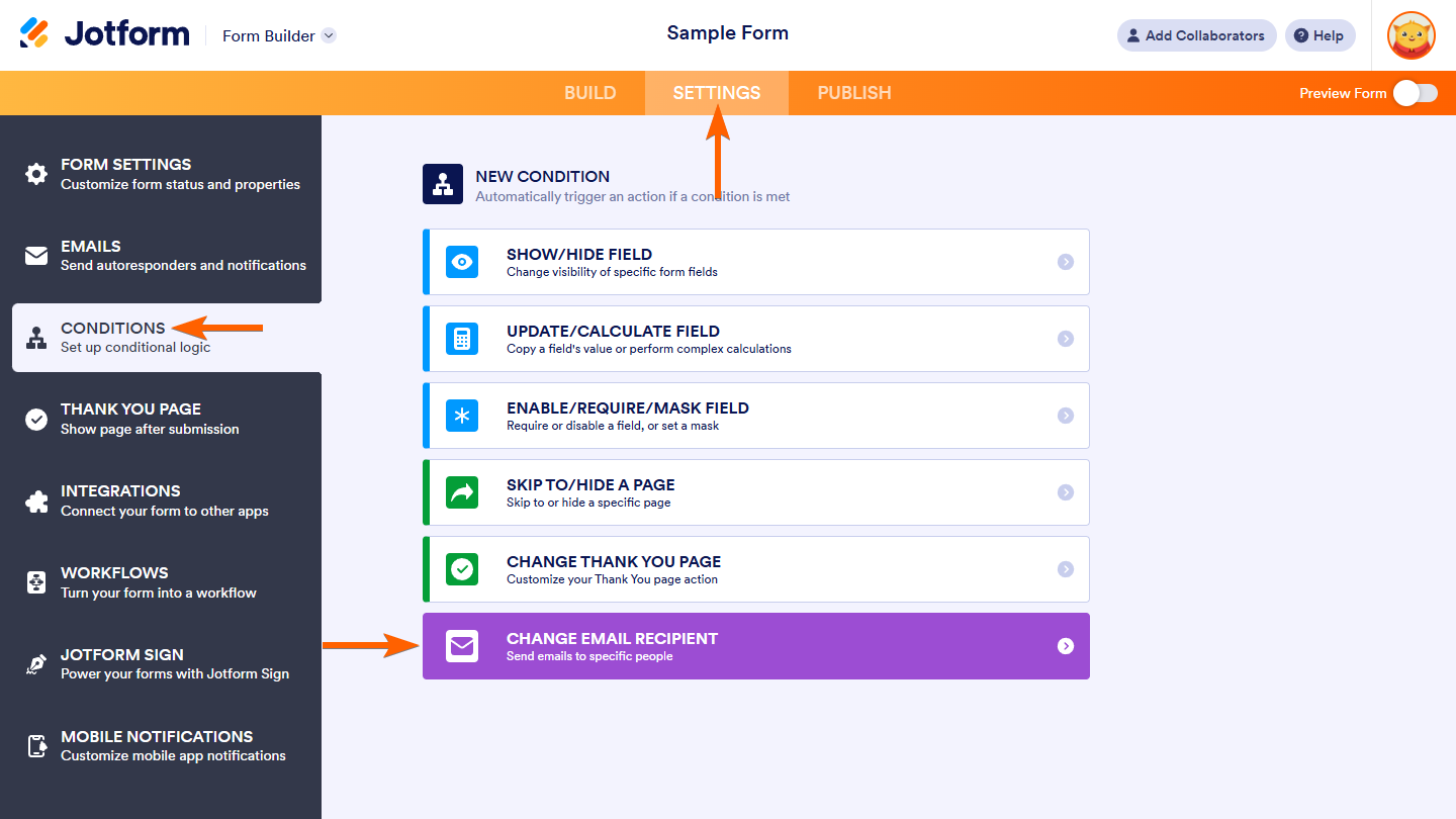 Change Email Recipient condition in the Conditions tab of the Joform Form Builder Settings