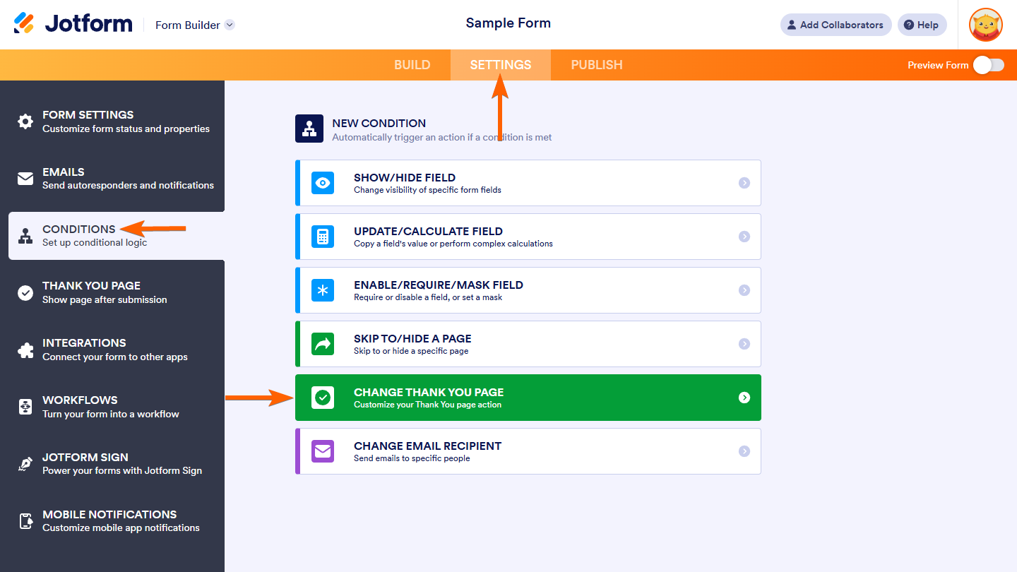 Thank You Page condition in the Conditions tab of the Joform Form Builder Settings