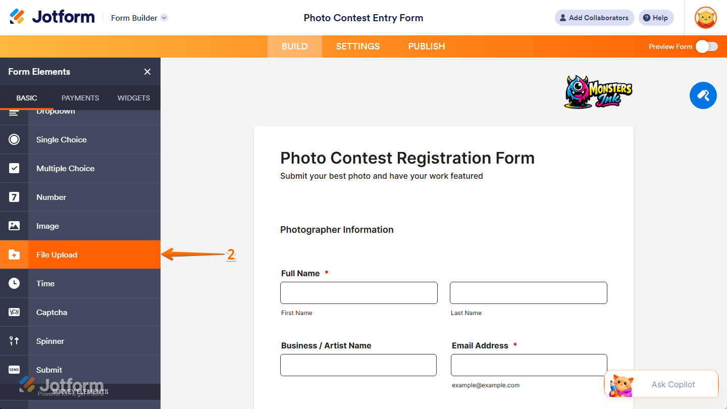 File Upload element under the Basic tab of the Form Elements menu in Jotform Form Builder