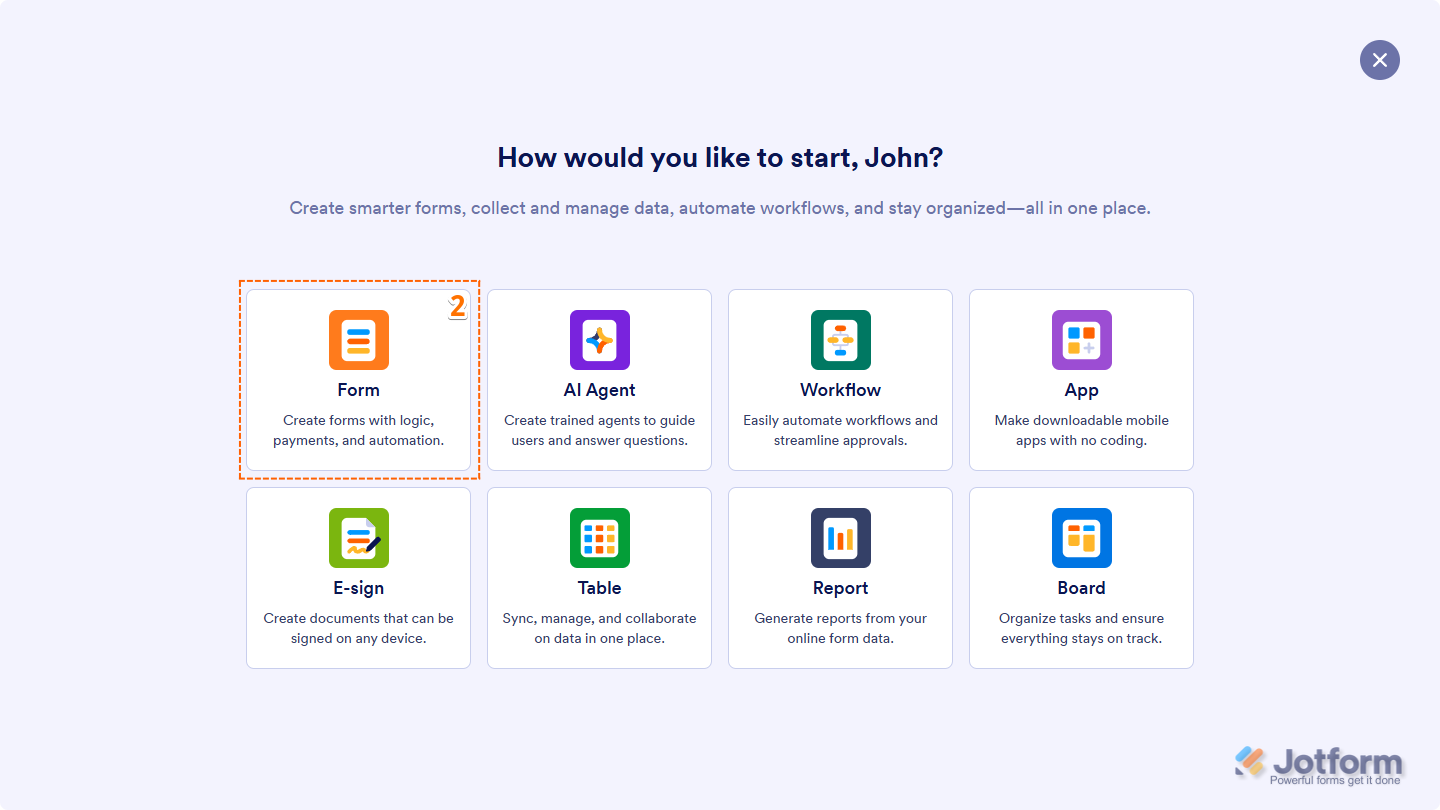 Select Form in the Workspace Assets Page in Jotform