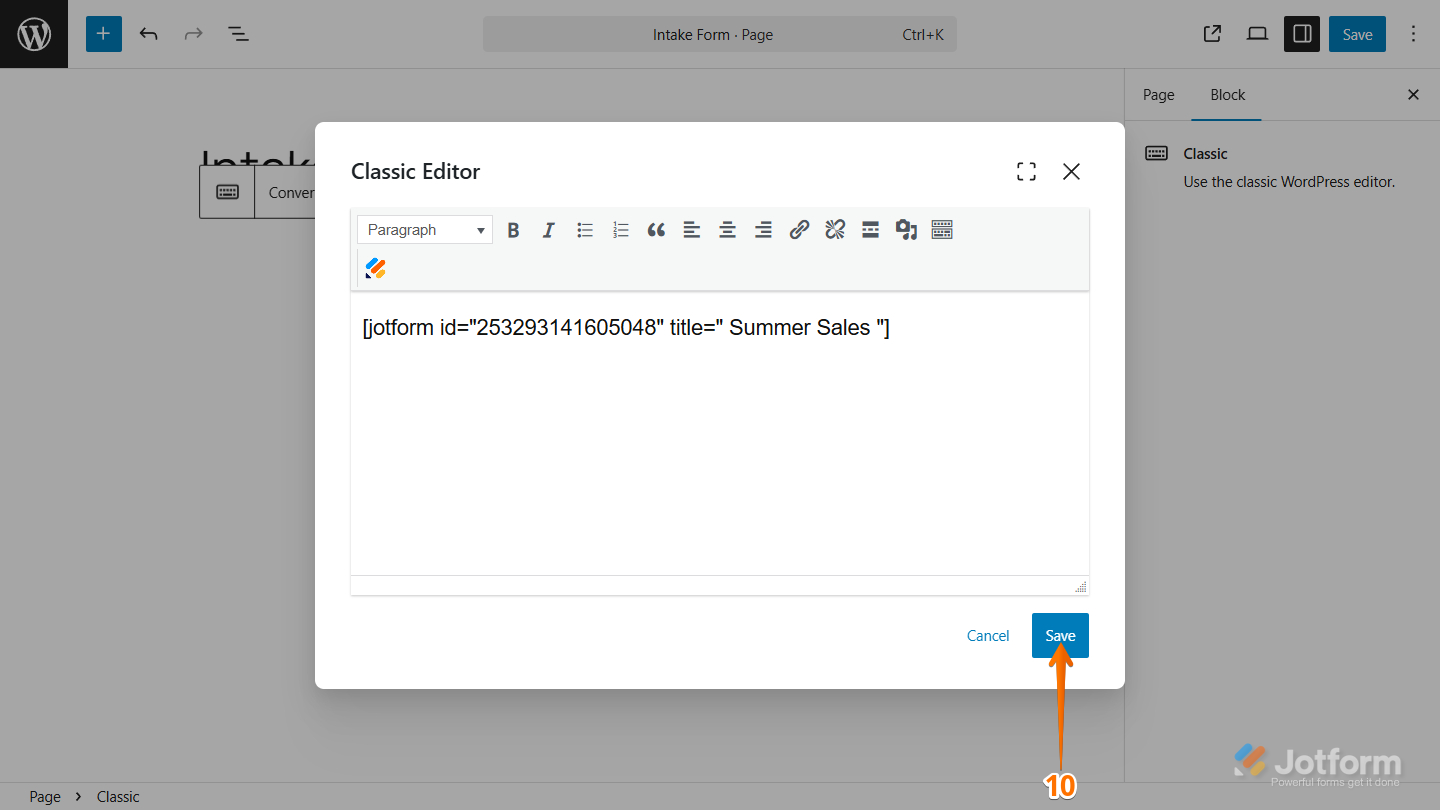 Save button in the Classic Editor